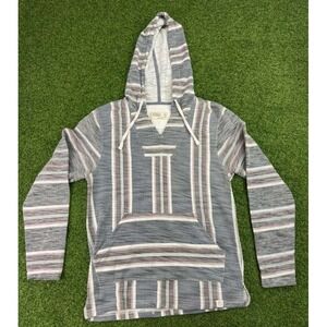 Free Planet Baja Hoodie Mens Medium Gray Striped Cotton Kangaroo Pockets Outdoor